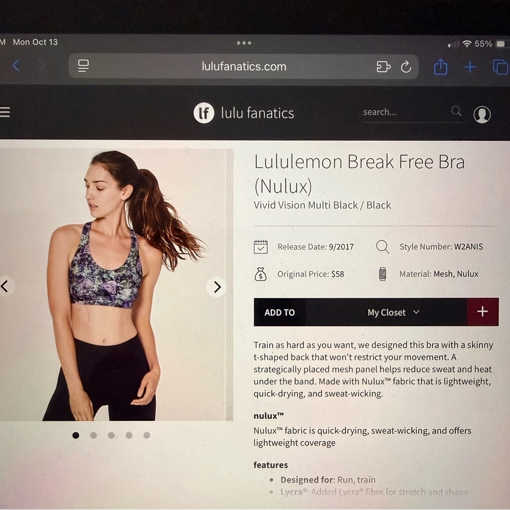 Lululemon Athletica Black and Pink Floral Break Free Bra